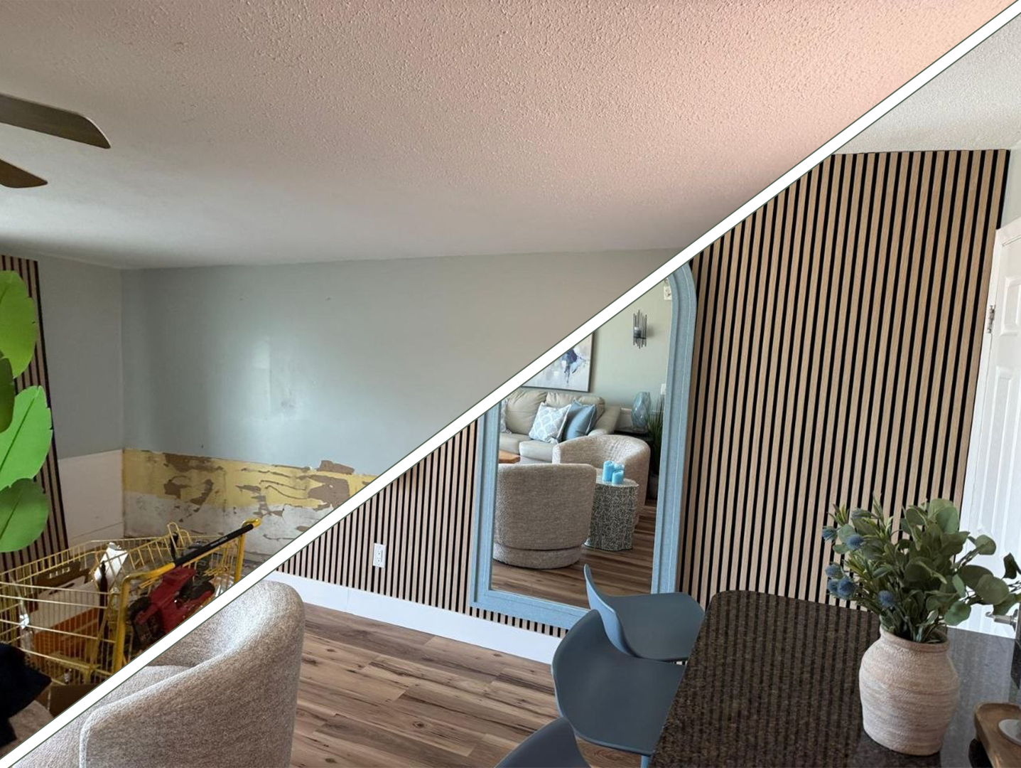 Living room wood slat accent wall